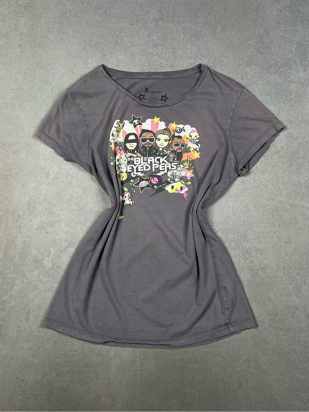 tokidoki Black Graphic Tee with Multicolor Cartoon Print Black Eyed Peas Y2K